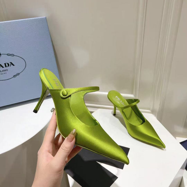PRA 75 POINTED SATIN MULES IN GREEN FLEECE HEEL