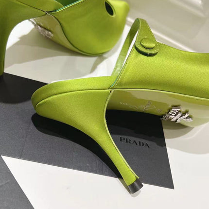 PRA 75 POINTED SATIN MULES IN GREEN FLEECE HEEL