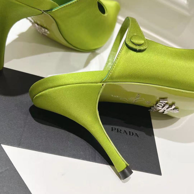 PRA 75 POINTED SATIN MULES IN GREEN FLEECE HEEL