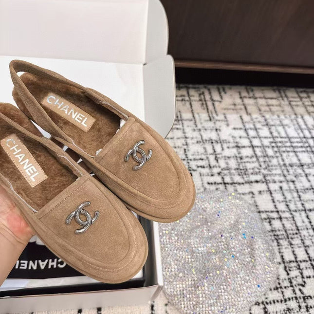 SLINGBACK LOAFER IN DARK BEIGE SUEDE AND SHEARLING