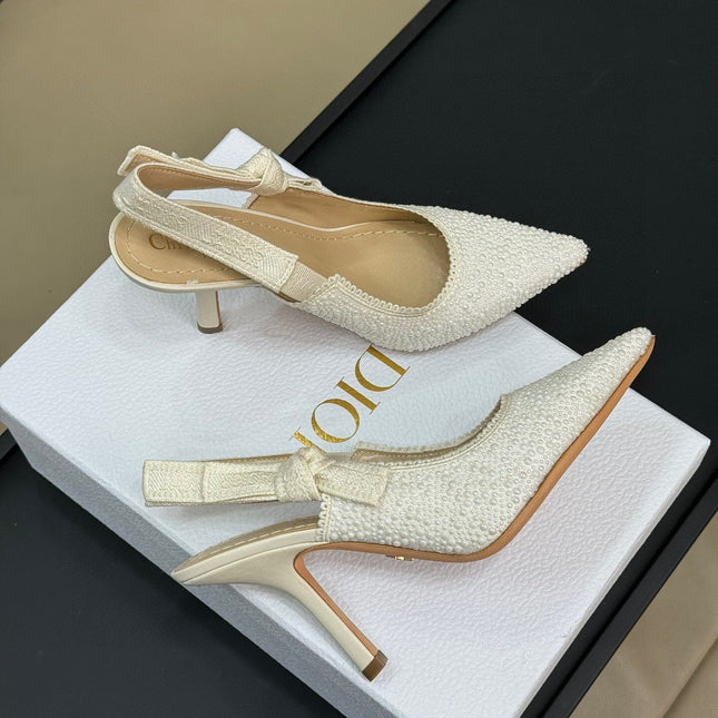 J'ADIOR POINTED TOE SLINGBACK PUMPS IN WHITE BEADED FABRIC