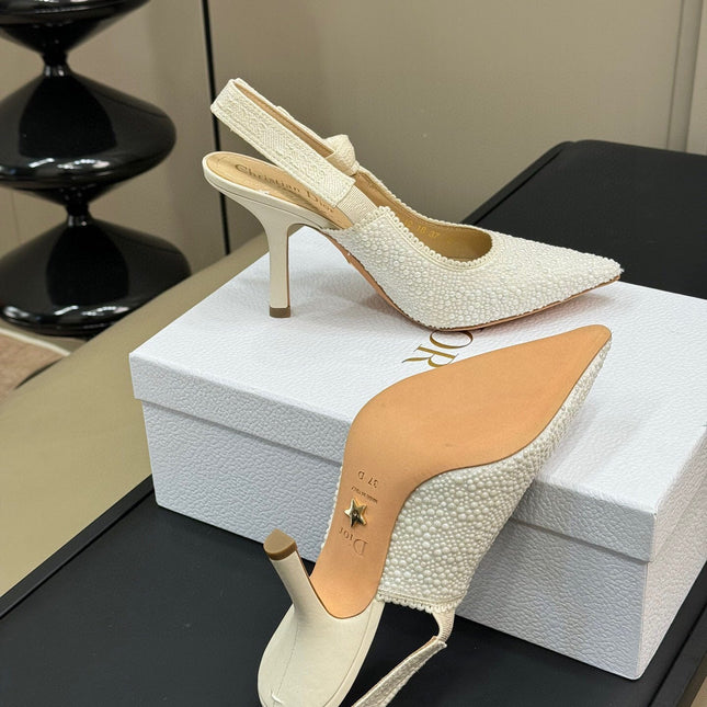 J'ADIOR POINTED TOE SLINGBACK PUMPS IN WHITE BEADED FABRIC