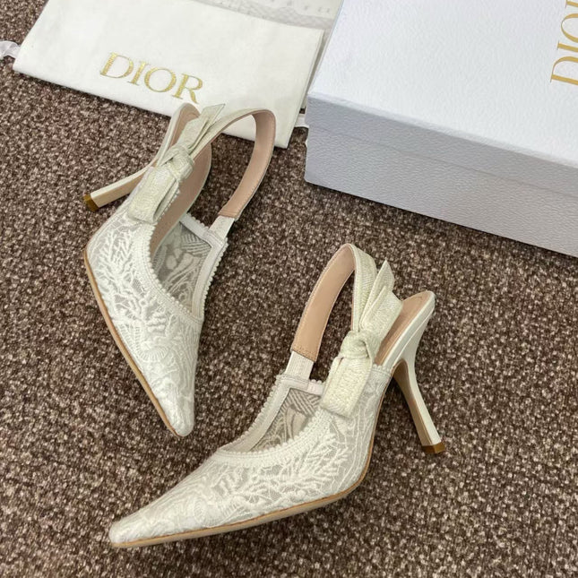 J'ADIOR SLINGBACK PUMPS IN IVORY WHITE EMBROIDERED LACE