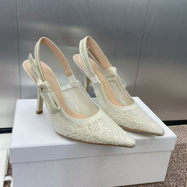 J'ADIOR SLINGBACK PUMPS IN IVORY WHITE EMBROIDERED LACE