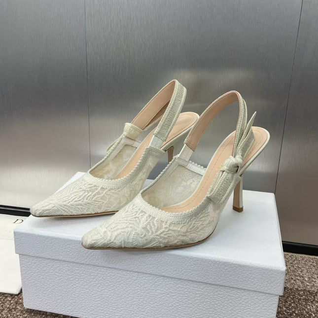J'ADIOR SLINGBACK PUMPS IN IVORY WHITE EMBROIDERED LACE