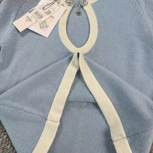 CC BOUTIQUE T-SHIRT IN BABY BLUE AND WHITE COTTON KNIT