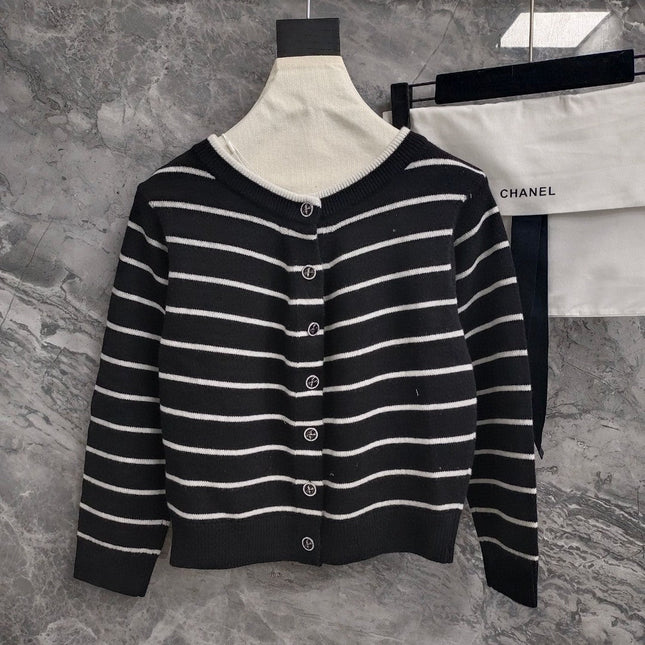 CC NAUTICAL CARDIGAN IN BLACK AND WHITE COTTON KNIT WITH STRIPED DESIGN WITH CC BUTTONS