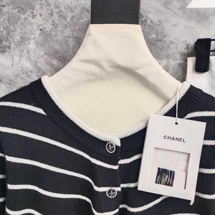 CC NAUTICAL CARDIGAN IN BLACK AND WHITE COTTON KNIT WITH STRIPED DESIGN WITH CC BUTTONS
