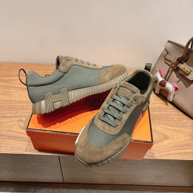 HM SCULPTED SOLE TRAIL SNEAKERS IN KHAKI GREEN CANVAS AND SUEDE