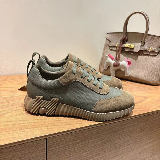 HM SCULPTED SOLE TRAIL SNEAKERS IN KHAKI GREEN CANVAS AND SUEDE