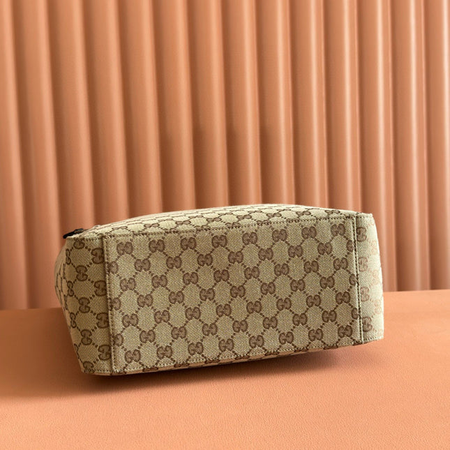 GG OPHIDIA FRONT ZIP POCKET TOTE BAG 36 IN BEIGE AND BROWN CANVAS