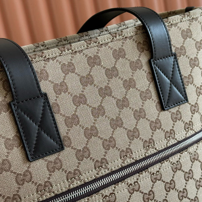 GG OPHIDIA FRONT ZIP POCKET TOTE BAG 36 IN BEIGE AND BROWN CANVAS