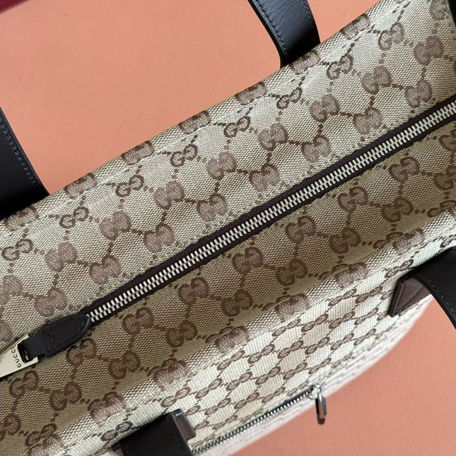 GG OPHIDIA FRONT ZIP POCKET TOTE BAG 36 IN BEIGE AND BROWN CANVAS