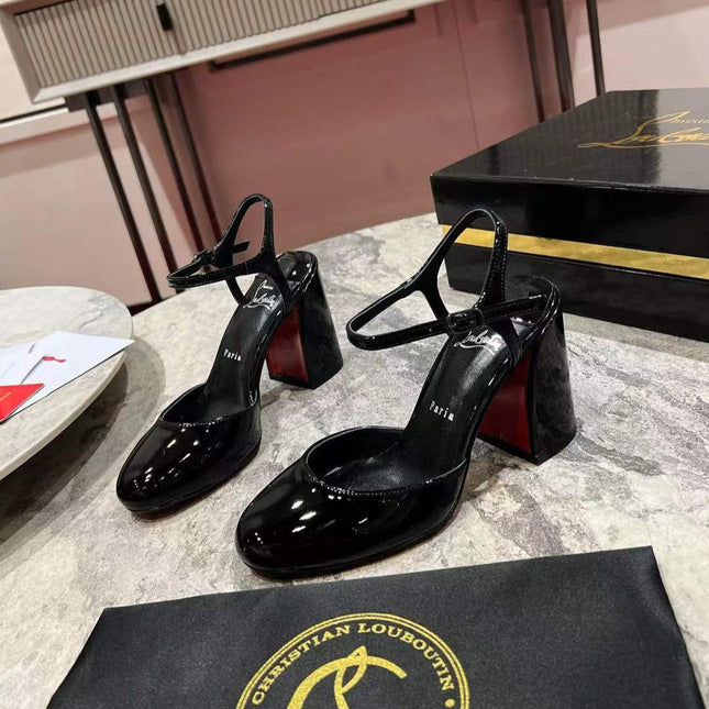 ANKLE STRAP HIGH HEELS IN BLACK PATENT CALFSKIN