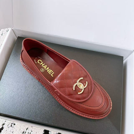 CC QUILTED FLAP LOAFERS IN BURGUNDY RED CALFSKIN GOLD HARDWARE