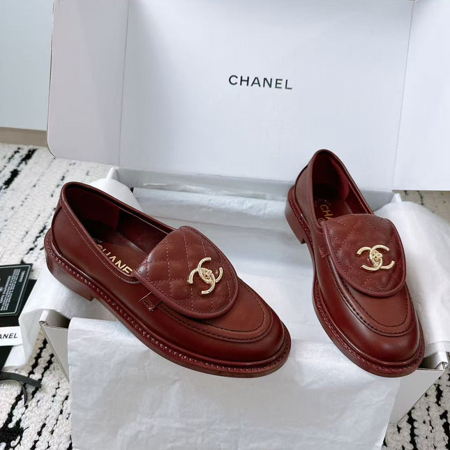 CC QUILTED FLAP LOAFERS IN BURGUNDY RED CALFSKIN GOLD HARDWARE