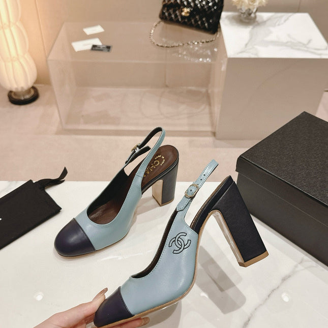 CC SLINGBACK PUMPS IN BLUE AND BLACK CALFSKIN