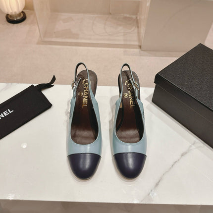 CC SLINGBACK PUMPS IN BLUE AND BLACK CALFSKIN