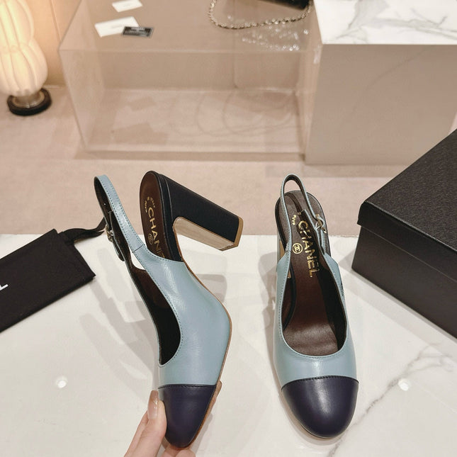 CC SLINGBACK PUMPS IN BLUE AND BLACK CALFSKIN