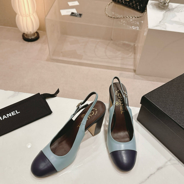 CC SLINGBACK PUMPS IN BLUE AND BLACK CALFSKIN