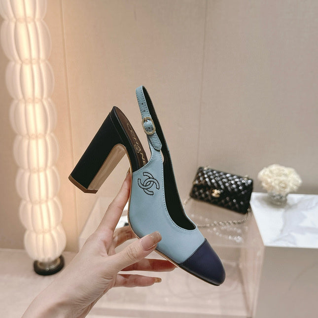 CC SLINGBACK PUMPS IN BLUE AND BLACK CALFSKIN