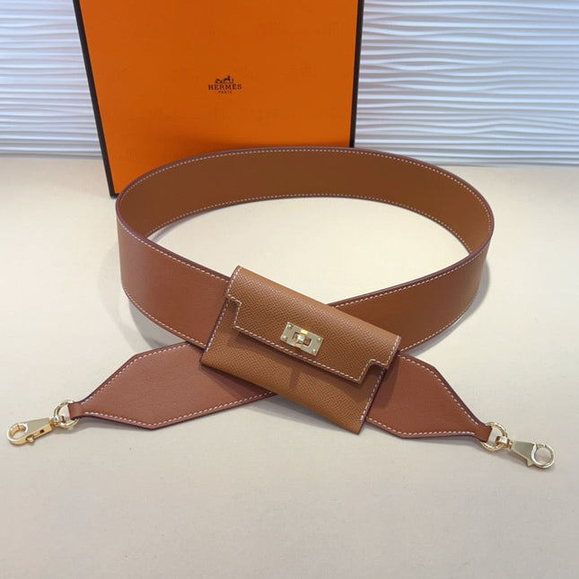 HM KELLY PURSE STRAP IN BROWN CALFSKIN WITH MINI POUCH GOLD HARDWARE