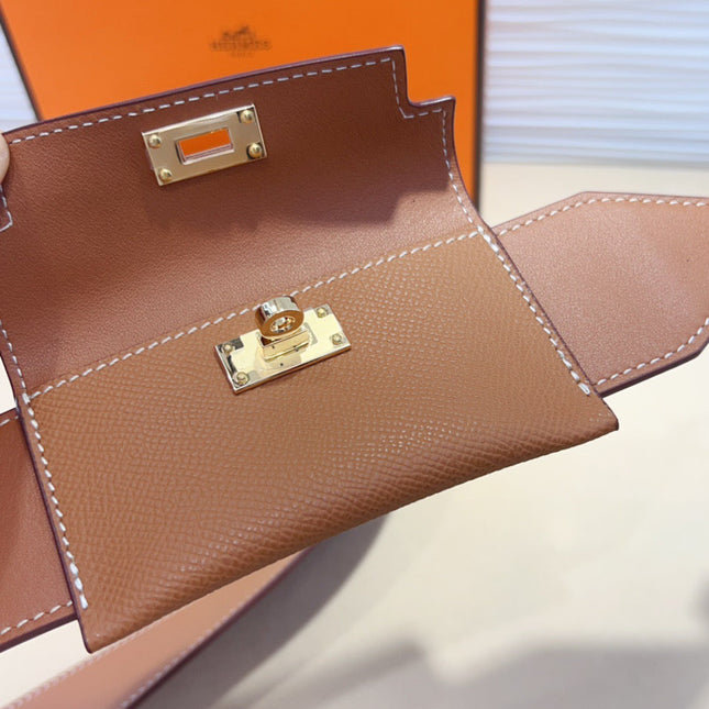 HM KELLY PURSE STRAP IN BROWN CALFSKIN WITH MINI POUCH GOLD HARDWARE