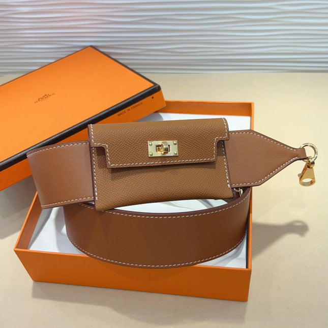HM KELLY PURSE STRAP IN BROWN CALFSKIN WITH MINI POUCH GOLD HARDWARE