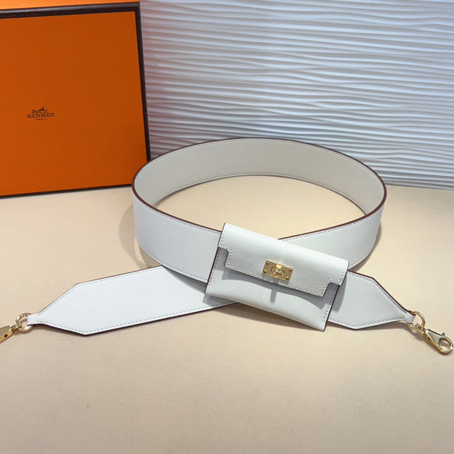HM KELLY PURSE STRAP IN WHITE CALFSKIN WITH MINI POUCH GOLD HARDWARE