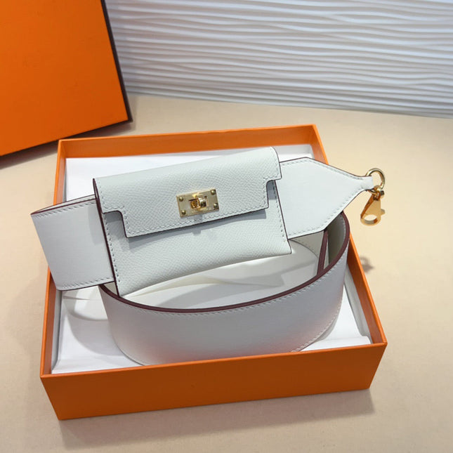 HM KELLY PURSE STRAP IN WHITE CALFSKIN WITH MINI POUCH GOLD HARDWARE