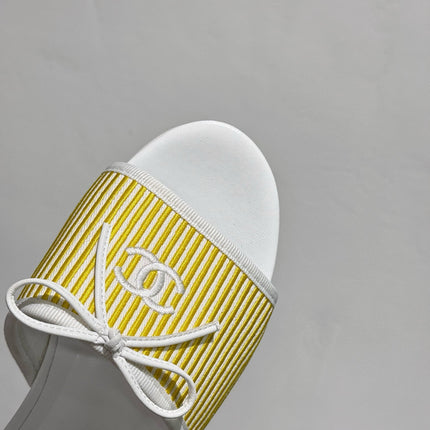 CC STRIPED SLIDE SANDALS IN YELLOW AND WHITE CANVAS