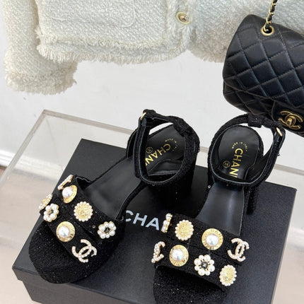CC HIGH HEELS IN BLACK TWEED WITH PEARL AND CRYSTAL EMBELLISHMENTS