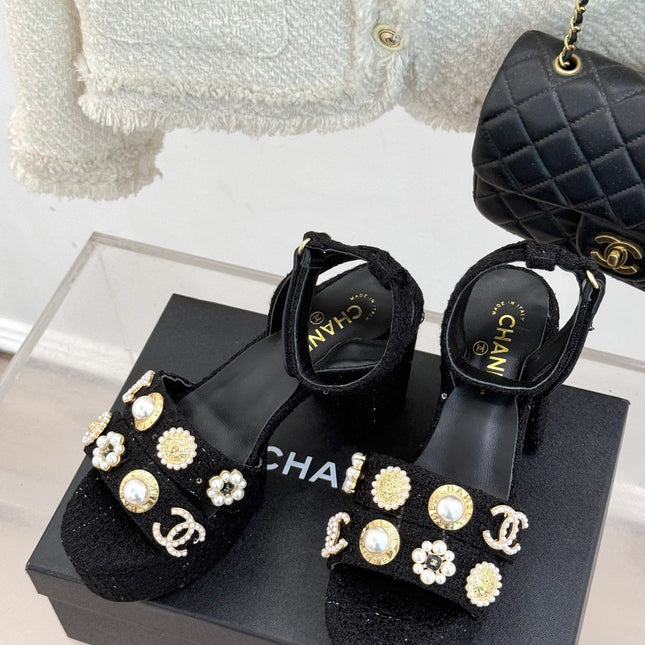CC HIGH HEELS IN BLACK TWEED WITH PEARL AND CRYSTAL EMBELLISHMENTS