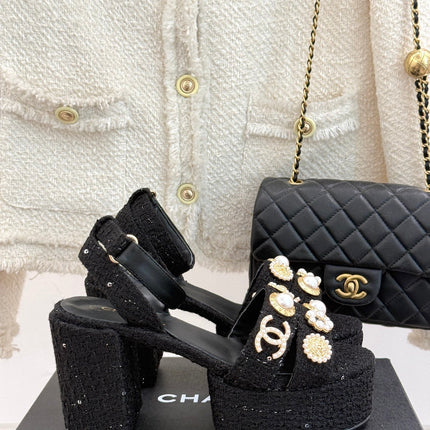 CC HIGH HEELS IN BLACK TWEED WITH PEARL AND CRYSTAL EMBELLISHMENTS