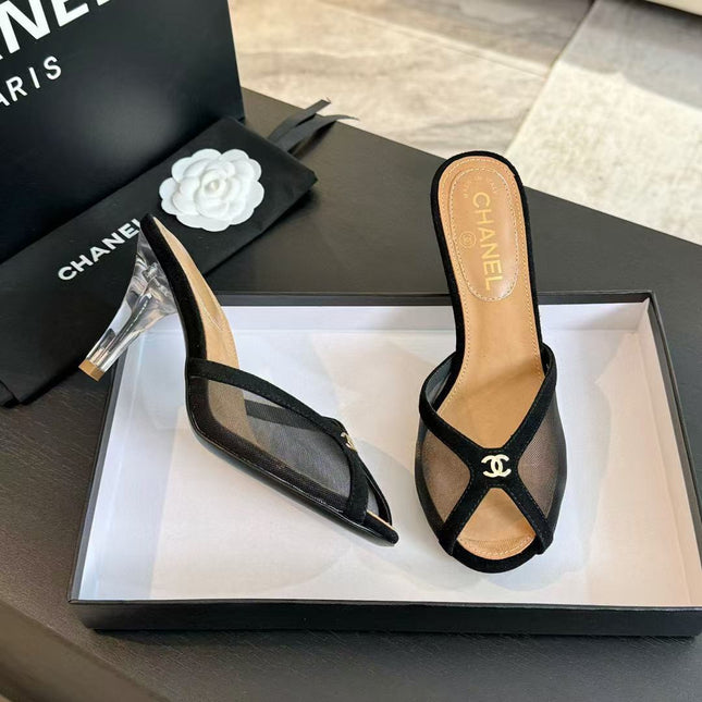CC TRANSPARENT HIGH HEELS IN BLACK MESH