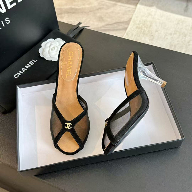 CC TRANSPARENT HIGH HEELS IN BLACK MESH