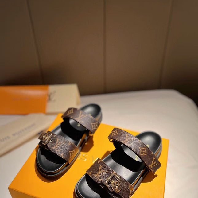 LV GOLD BUCKLE SANDALS IN BROWN MONOGRAM CANVAS