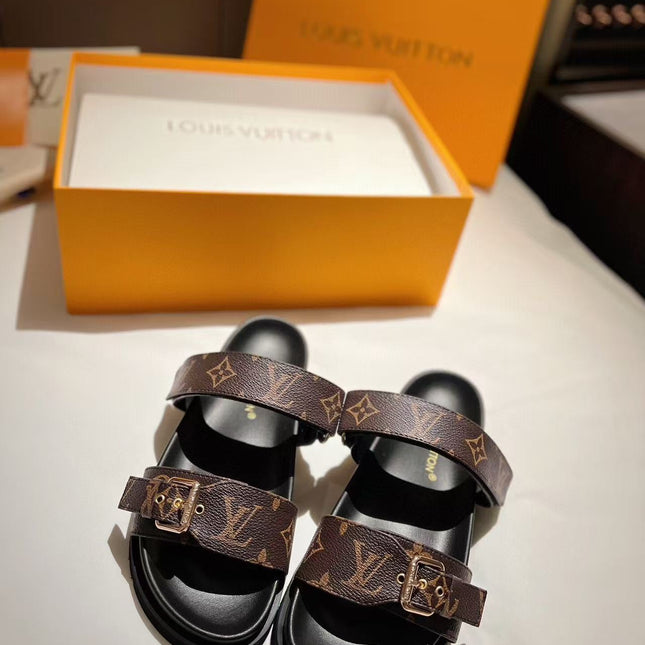 LV GOLD BUCKLE SANDALS IN BROWN MONOGRAM CANVAS