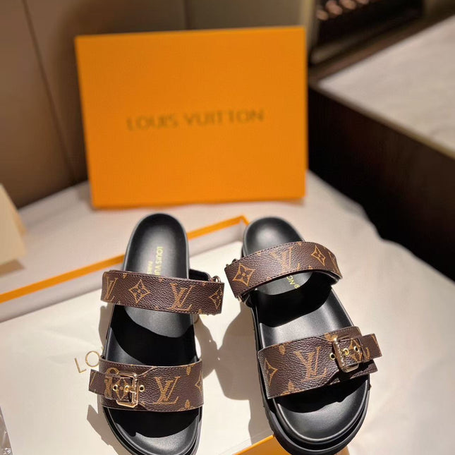 LV GOLD BUCKLE SANDALS IN BROWN MONOGRAM CANVAS