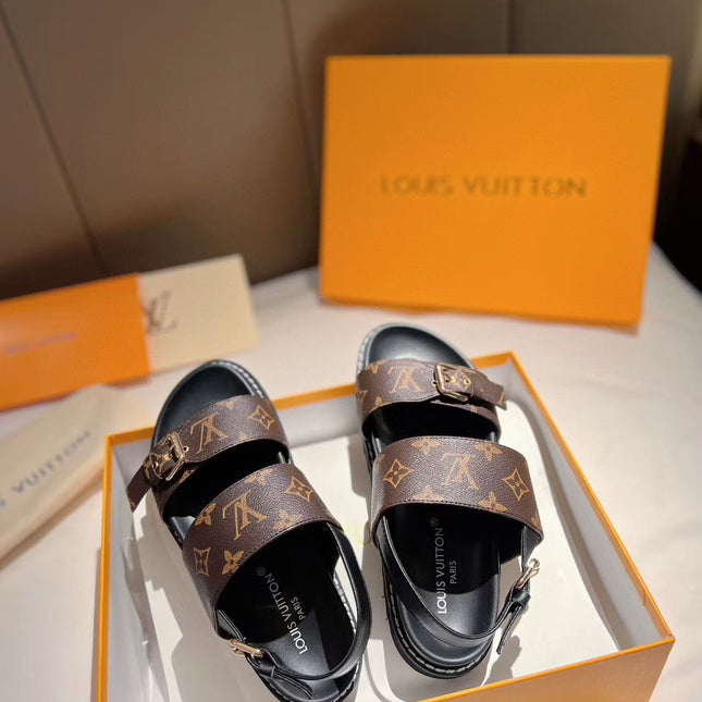 LV GOLD BUCKLE SANDALS IN BROWN MONOGRAM CANVAS