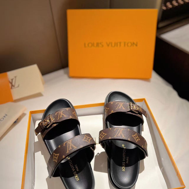LV GOLD BUCKLE SANDALS IN BROWN MONOGRAM CANVAS