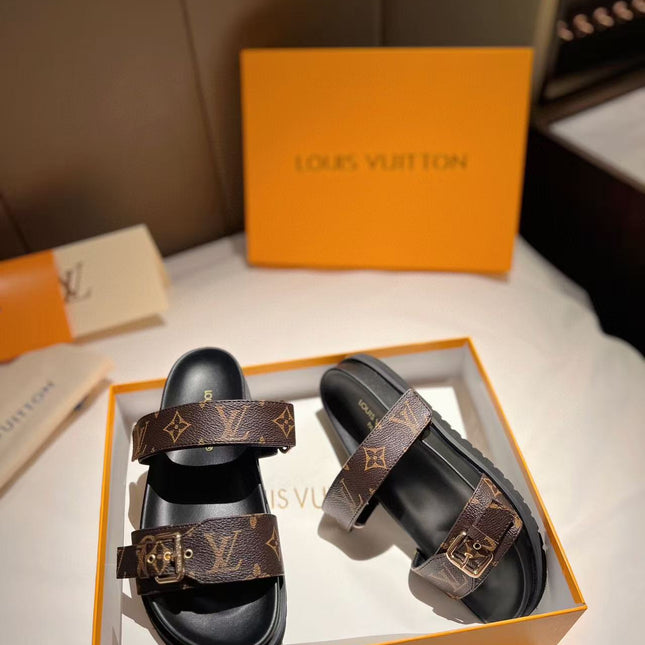 LV GOLD BUCKLE SANDALS IN BROWN MONOGRAM CANVAS