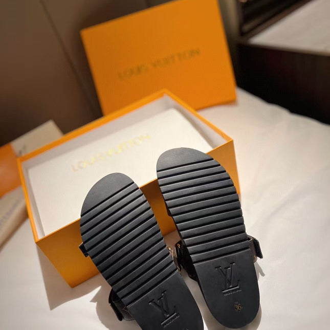 LV GOLD BUCKLE SANDALS IN BROWN MONOGRAM CANVAS