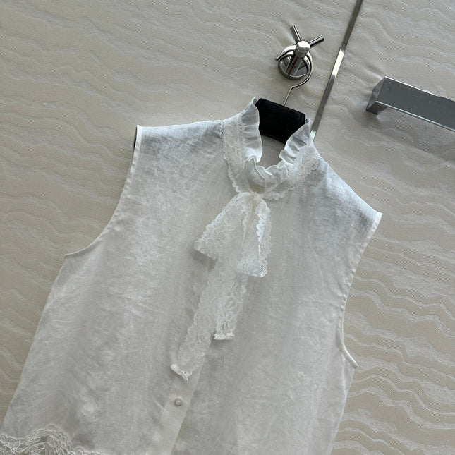 SLEEVELESS BLOUSE IN WHITE LINEN LACE TRIM AND NECK TIE