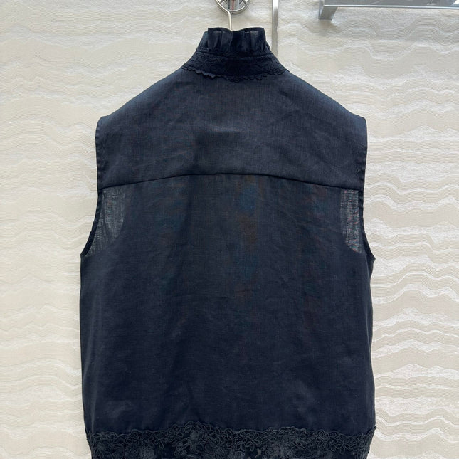 SLEEVELESS BLOUSE IN BLACK LINEN LACE TRIM AND NECK TIE