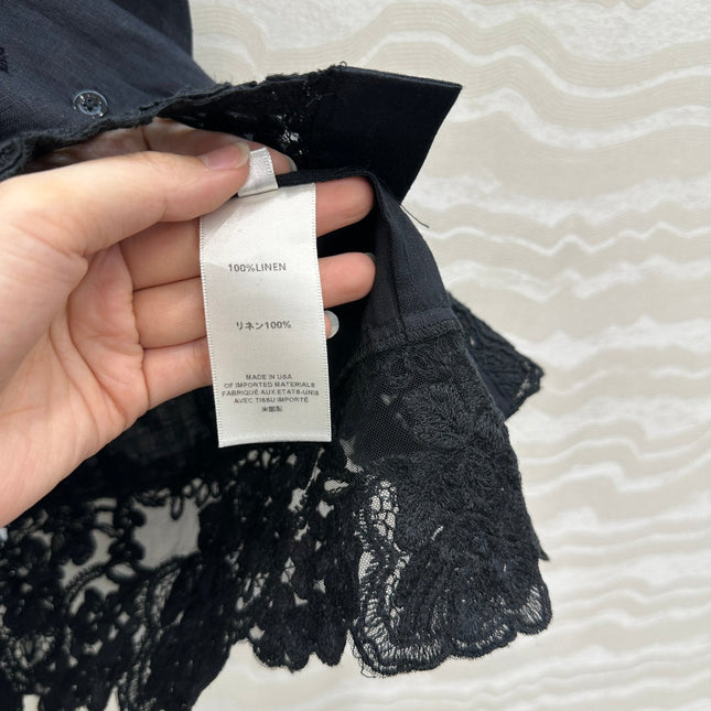 SLEEVELESS BLOUSE IN BLACK LINEN LACE TRIM AND NECK TIE