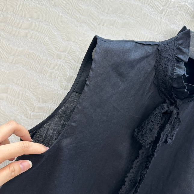 SLEEVELESS BLOUSE IN BLACK LINEN LACE TRIM AND NECK TIE