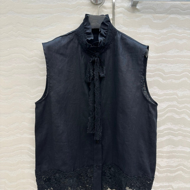 SLEEVELESS BLOUSE IN BLACK LINEN LACE TRIM AND NECK TIE