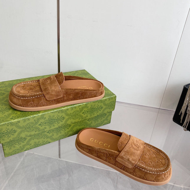 GG LOAFERS IN BROWN MONOGRAM EMBOSSED SUEDE