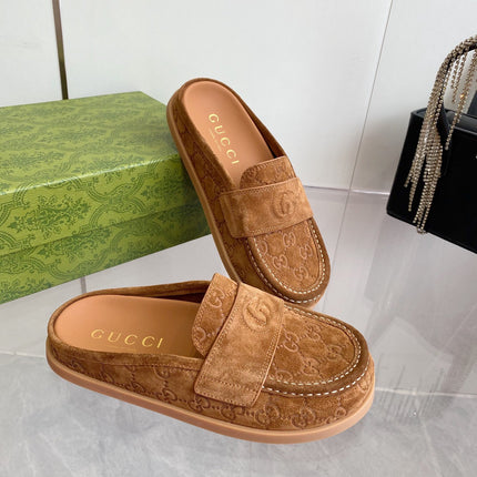 GG LOAFERS IN BROWN MONOGRAM EMBOSSED SUEDE